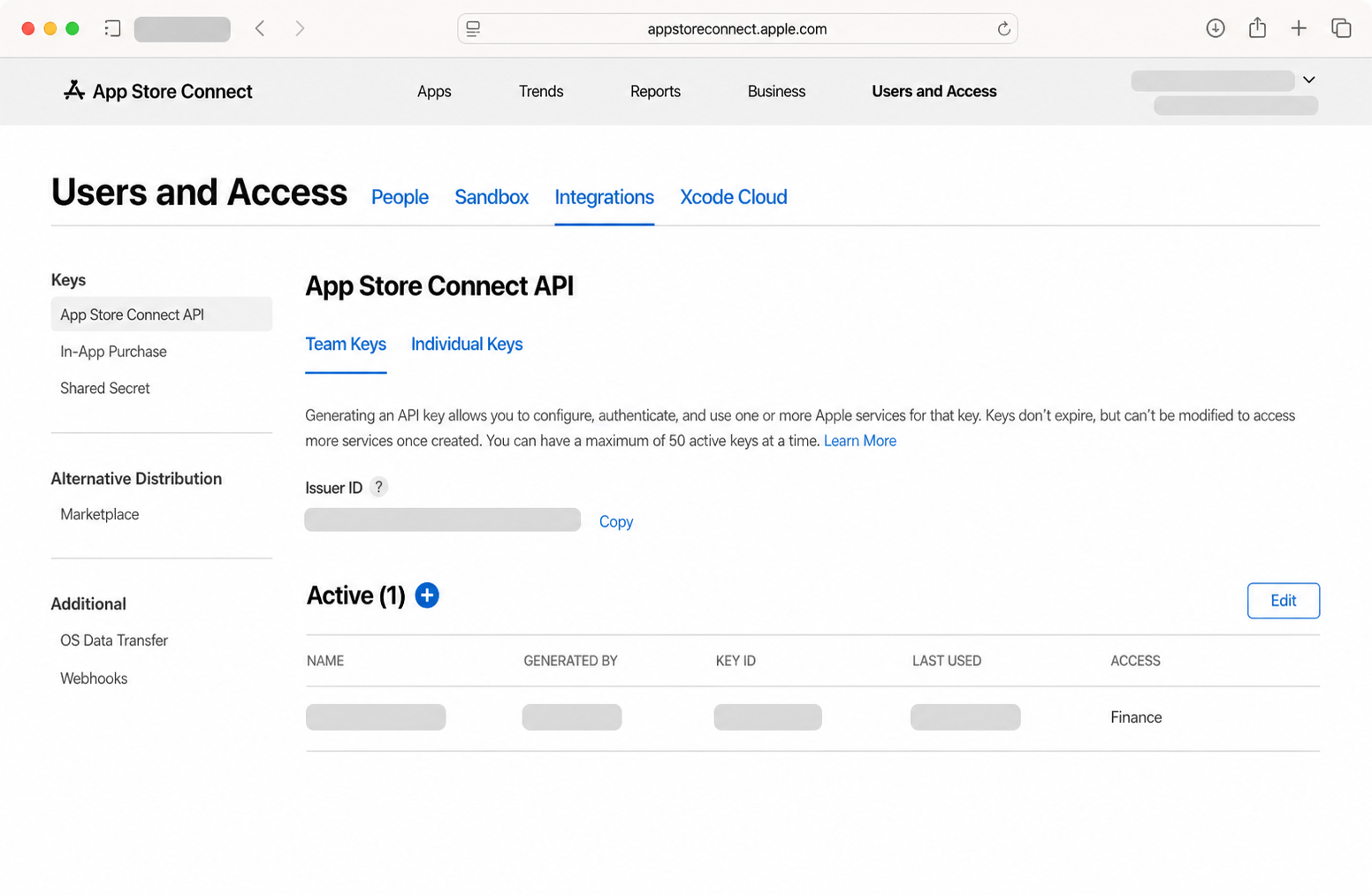 Redacted App Store Connect screenshot showing Users and Access, Integrations, App Store Connect API, Team Keys, Issuer ID and the blue add button