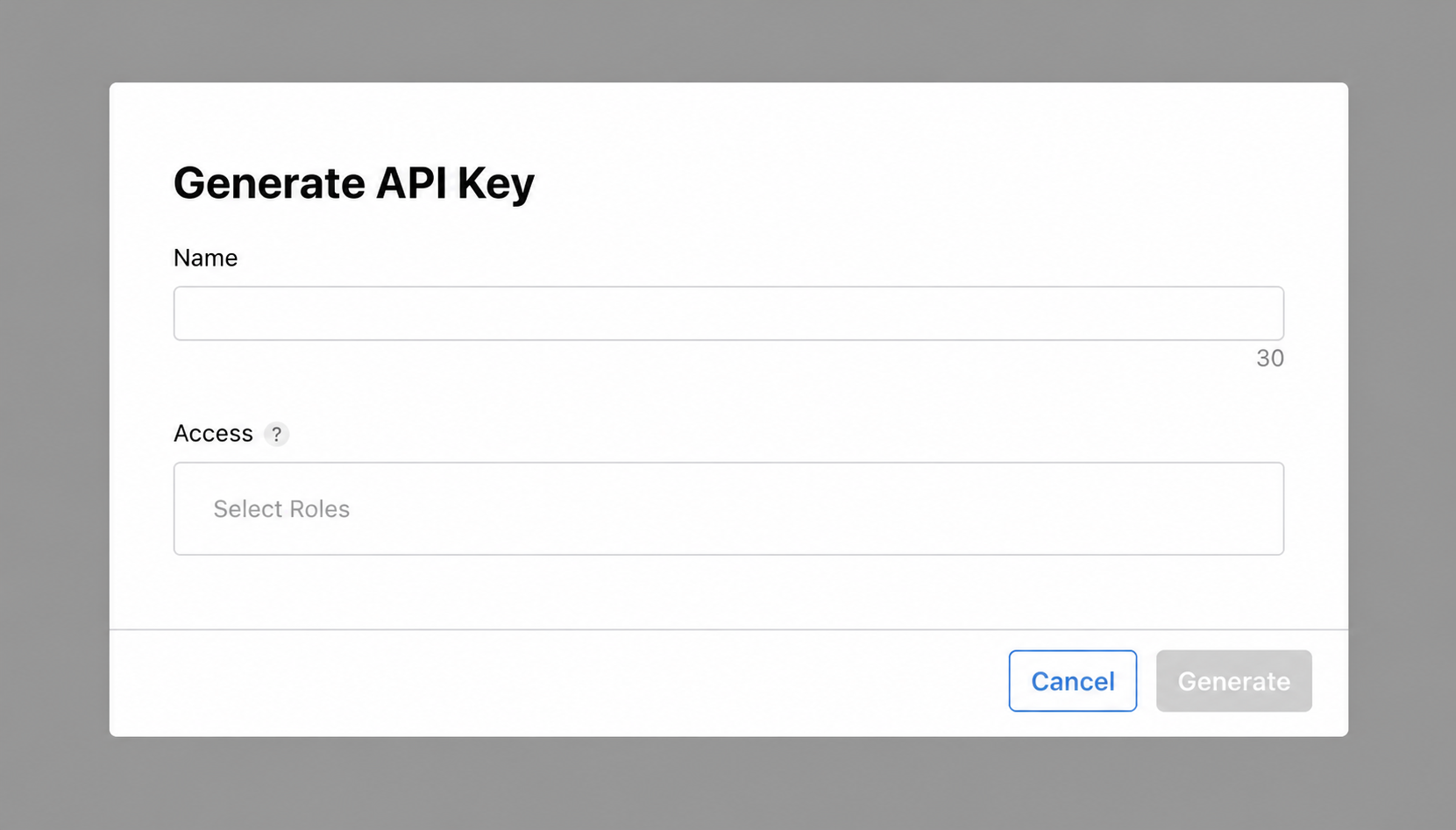 App Store Connect Generate API Key form with blank Name and Access fields