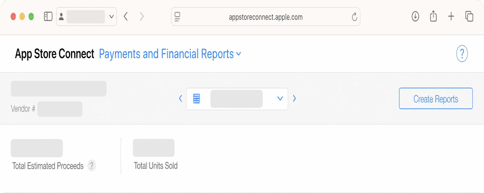 Redacted App Store Connect screenshot showing where the Vendor number appears in Payments and Financial Reports